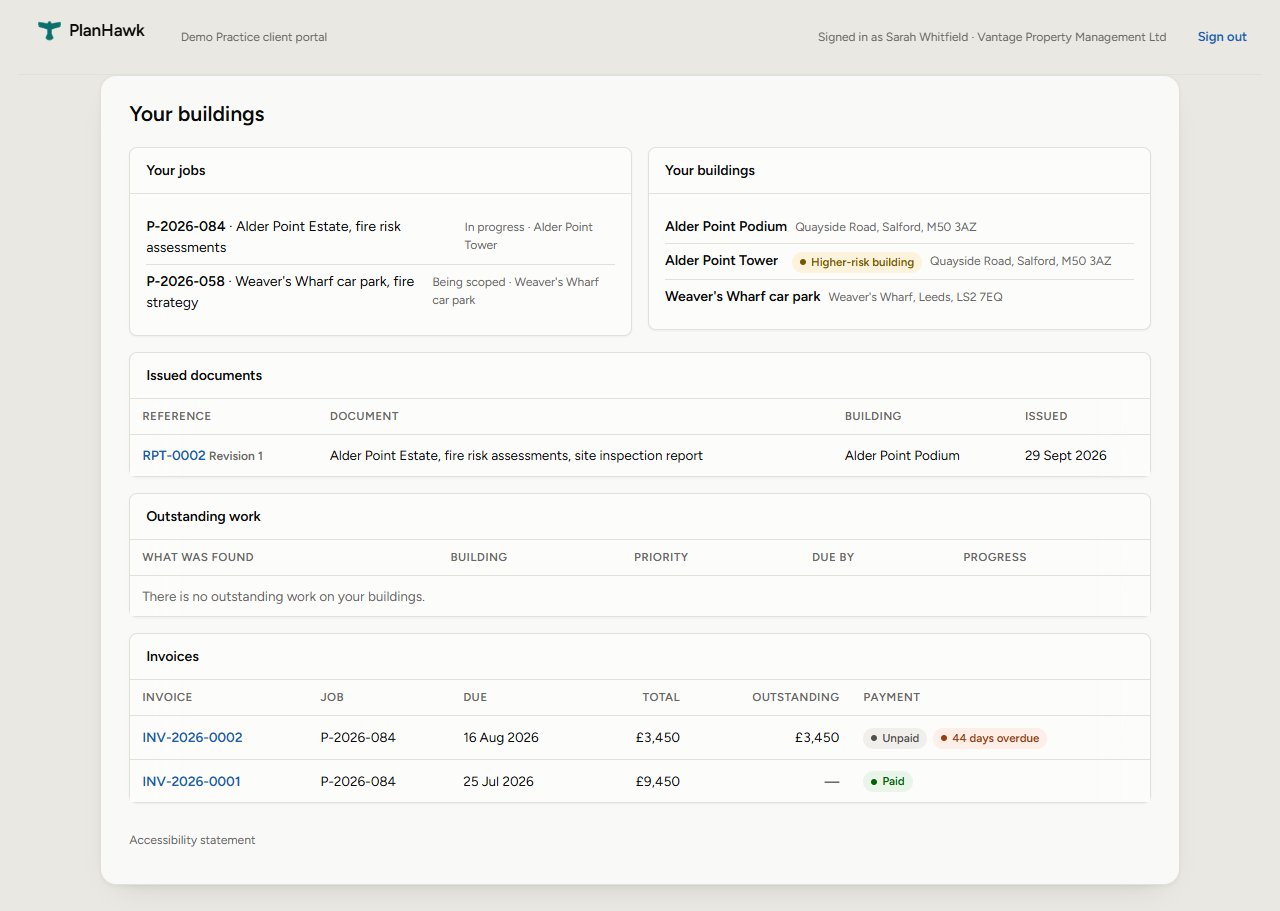 The PlanHawk client portal for a fictional property manager, listing their jobs, buildings, an issued site inspection report, and two invoices, one paid and one 44 days overdue